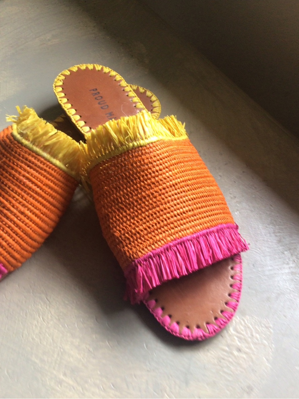 Women’s Orange Raffia Slide Sandals with Pink & Yellow Fringe